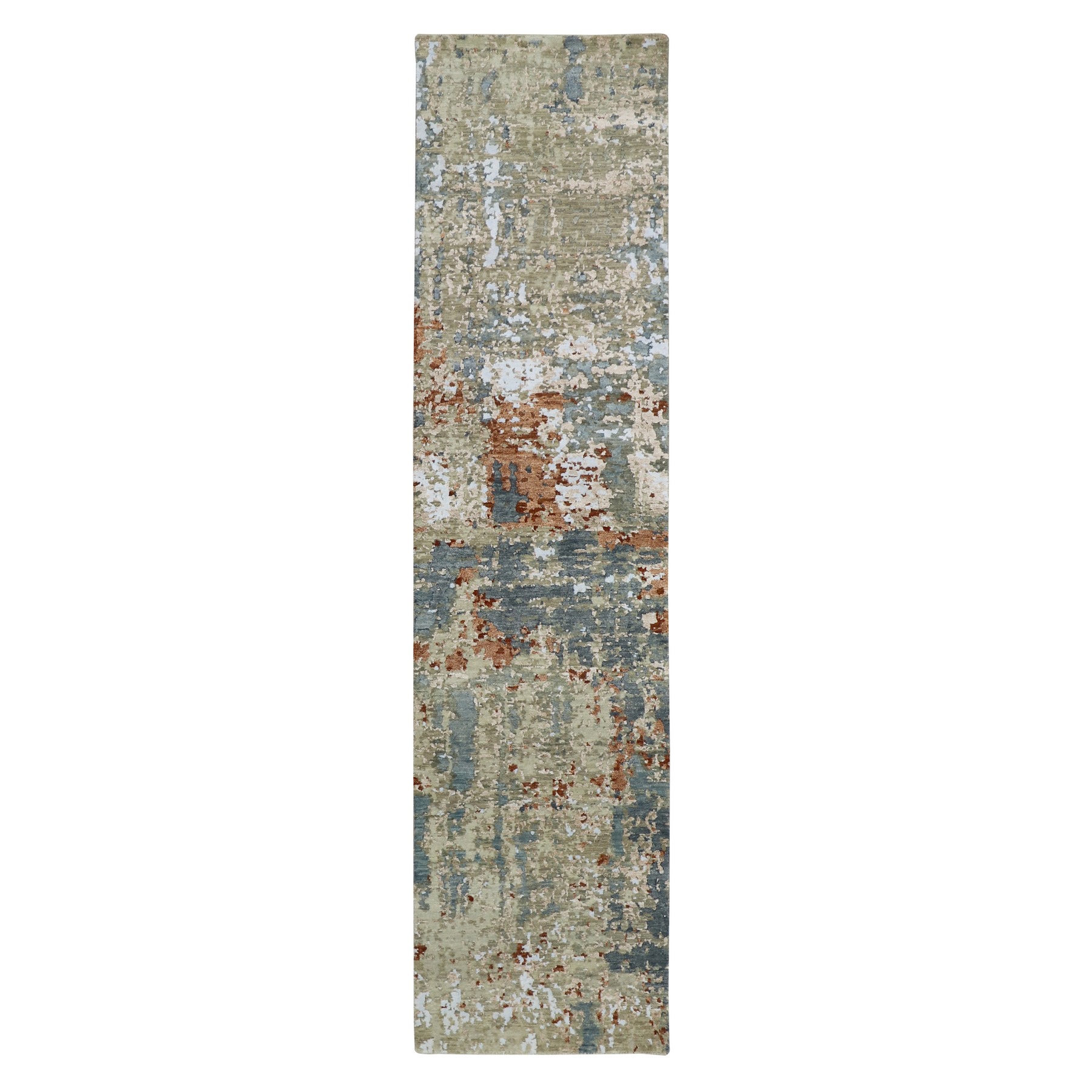 Marengo Gray with Beige, Densely Woven, Abstract with Galaxy Design, Persian Knot, 100% Wool, Hand Knotted, Runner, Oriental Rug